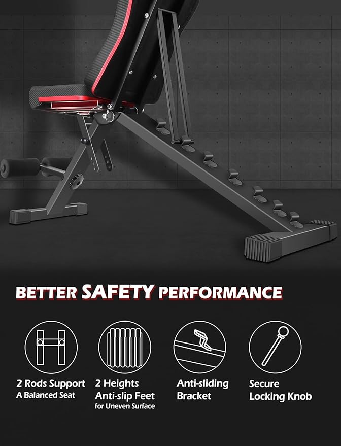 LINODI Adjustable Weight Bench for Home Gym，Foldable Incline Decline Flat Workout Bench for Full Body Strength Training, Dumbbell Press & Ab Exercises