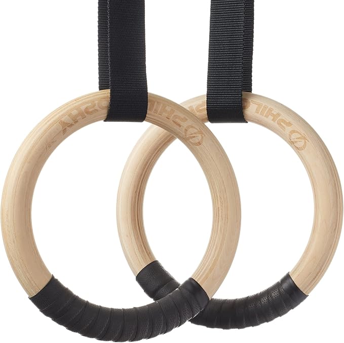 Philosophy Gym Wood Gymnastic Rings 1" or 1.25" Grip with Adjustable Straps and Grip Tape for Pull Ups, Dips, Muscle Ups
