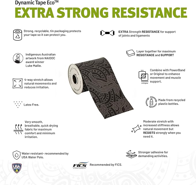 Dynamic Tape Eco - Elastic Athletic Tape Made from Recycled Materials | 4Way Biomechanical Stretch & Stronger Recoil than Kinesiology Tape | For Sports Muscle & Joint Load Mgmt | 3” (Grey/Black 4pack)