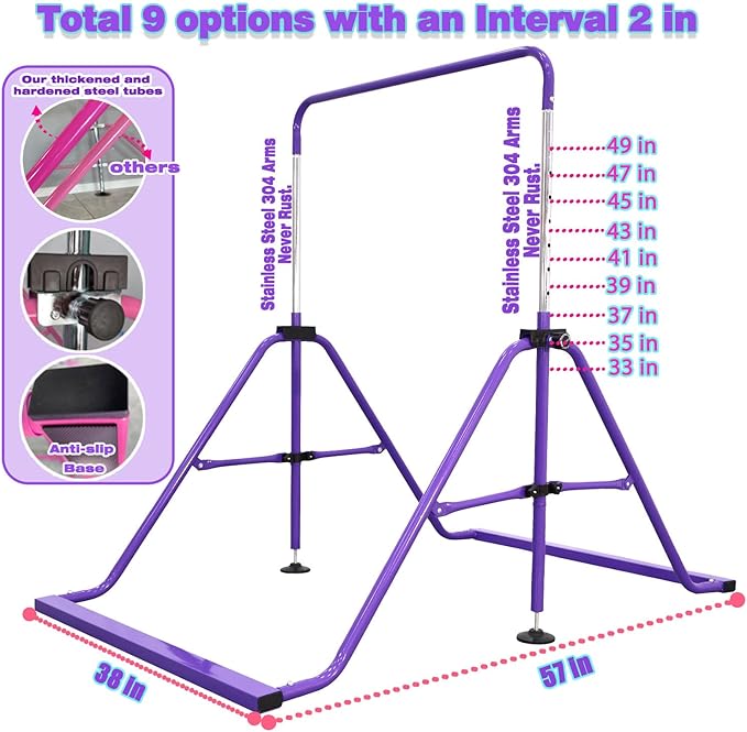 PreGymnastic Folding Gymnastics Bar with Rings, Foldable Kip Bar with Sturdier Base, Training Bar for Kids Ages 3-10, Horizontal Bar, Home Gym Equipment for Boy Girl