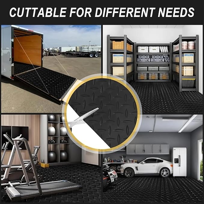 3mm Diamond-Plate Rubber Flooring Roll - Easy to Cut Waterproof Anti-Slip Mat, Heavy Duty Floor Protection for Garage, Gym, Stable, Basement, Kennel, 4' x 12'