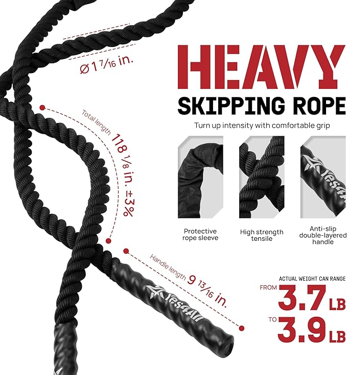 Yes4All Weighted Jump Rope, 3.8LB Heavy Skipping Rope with Anti-Slip Double Layer Handle & Protective Sleeve for Fitness, Cardio, Muscle Training - Carry Bag Included