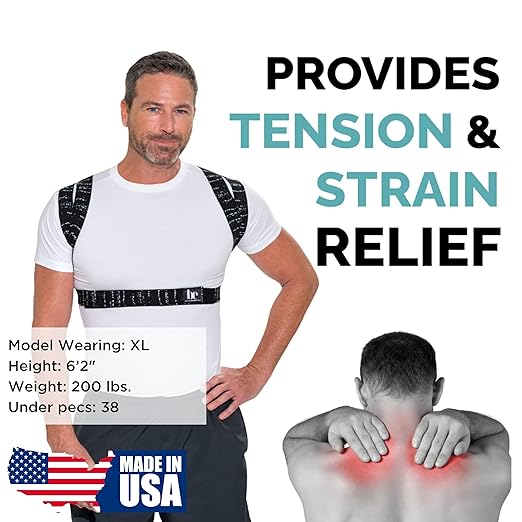 BackEmbrace Posture Corrector for Women and Men - Made in USA - Slim and Adjustable Shoulder Brace - Back Brace for Back Pain Relief- Black Drizzle M/L