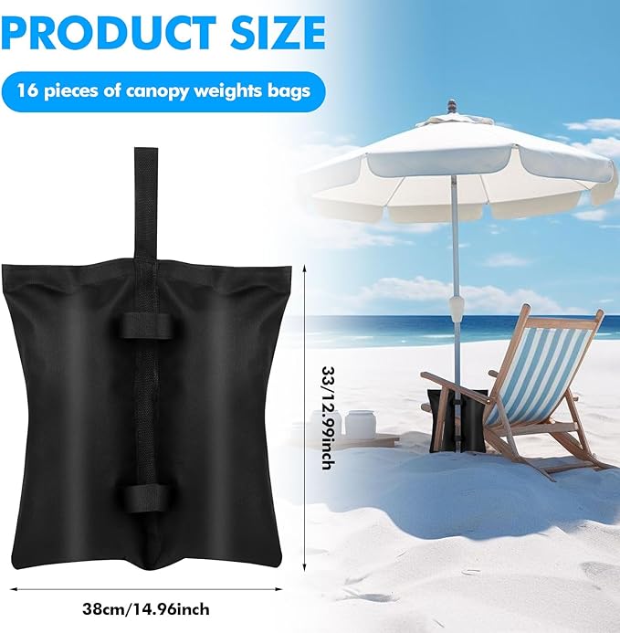 16 Pack 400 LBS Canopy Weight Bags for Canopy Tent Heavy Duty Leg Canopy Weight Sand Bags Black Canopy Support Frame Fixed Sandbag Windproof Sandbag for Patio Umbrella Base Sun Shelter