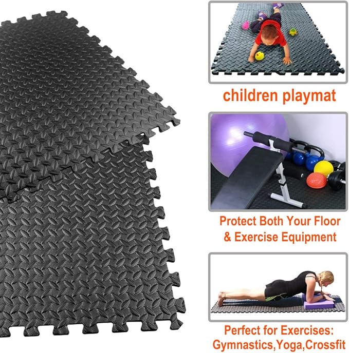 Walsai Exercise Mats Puzzle Foam Mats Gym Flooring Mat Cover 20 SQ.FT Interlocking Foam Mats with EVA Foam Floor Tiles for Home Gym Equipment Workouts Black