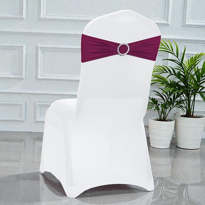 VDS - Eggplant | Spandex Chair Sashes Bows | 50 PCS | Stretch Elastic Banquet Universal Folding Chair Band Tie with Silver Buckle Slider for Wedding Party Conference Celebration Event Decoration