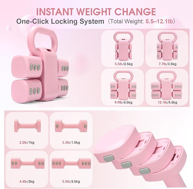 Adjustable 2-in-1 Convertible Kettlebell & Dumbbells Set, 4 in 1 Free Weights Dumbbell Set of 2, Each 2.2 3.3 4.4 5.5lb Quick Change Women Dumbbell Set for Home Exercise Training