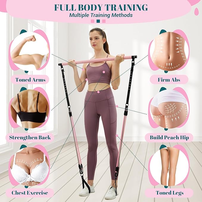 COFOF Pilates Bar Kit with Resistance Bands, Multifunctional Yoga Pilates Bar with Heavy-Duty Metal Adjustment Buckle, Portable Home Gym Pilates Resistance Bar Kit for Women Full Body Workouts