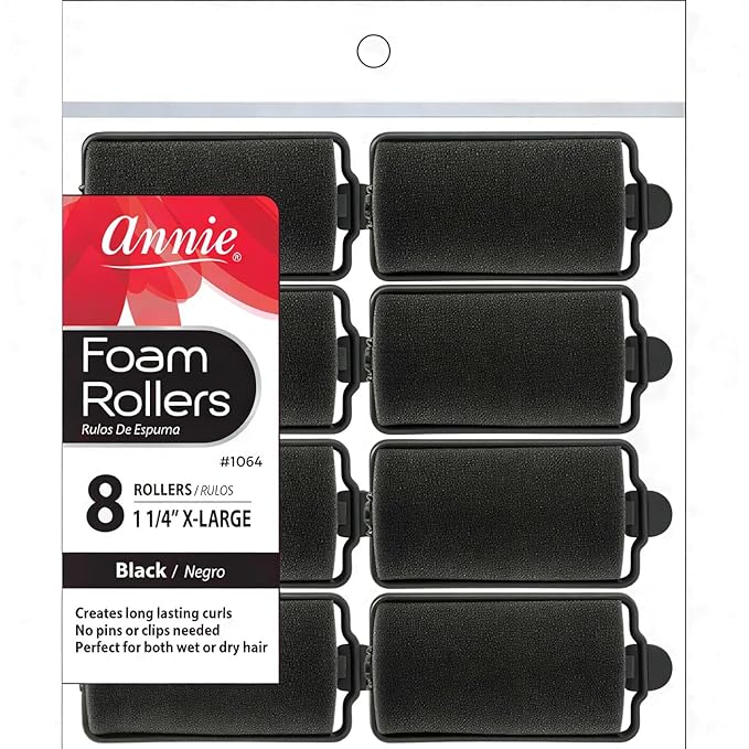 Annie Foam Hair Rollers 1.25 Inch X-Large, 8 Count Soft Sponge Curlers for Heatless Curls, No Pins or Clips Needed, For Wet or Dry Hair, Tight Defined Curls