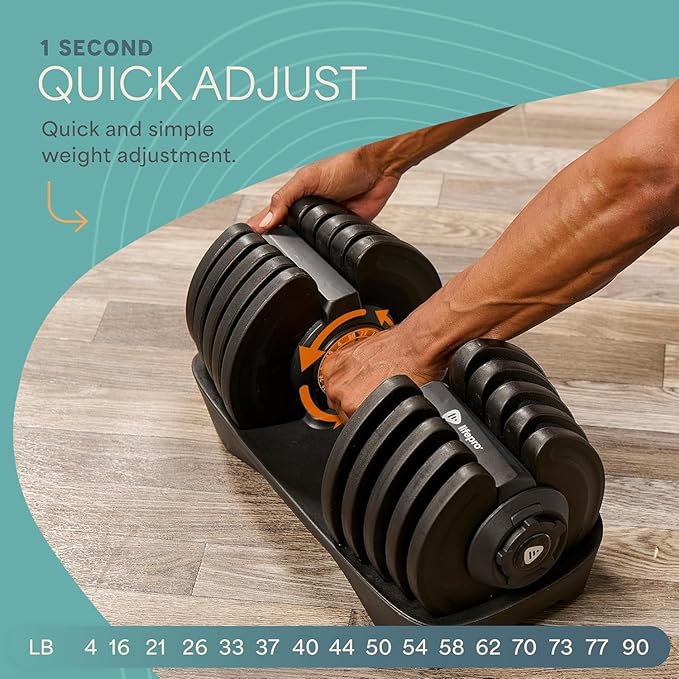 Lifepro Adjustable Dumbbells Set – 15lb, 25lb Pair or 43lb, 55lb & 90lb Single – Quick Adjustment, Anti Slip Handle – Space Saving & Strength Training Weights for Home Gym Exercise & Fitness