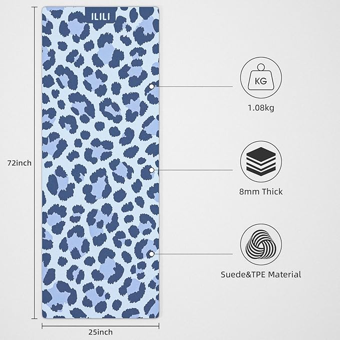 ILILI Yoga Mat Leopard Print Yoga Mat 8mm, Suede & TPE Thick Exercise Mat, Workout Mat for Women Men, 72''x25'' Fitness Mat with Strap for Home Gym, Yoga, Pilates, Stretching