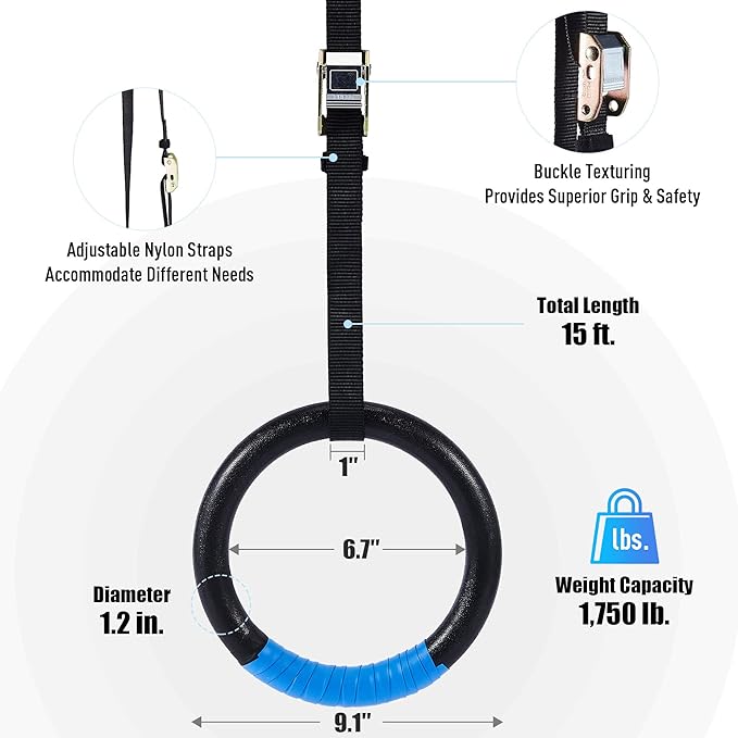 ZELUS Gymnastic Rings, Exercise Olympic Rings with Adjustable Straps, Steel Buckles, Perfect for Workout, Strength Training, Pull-Ups and Dips (Black)