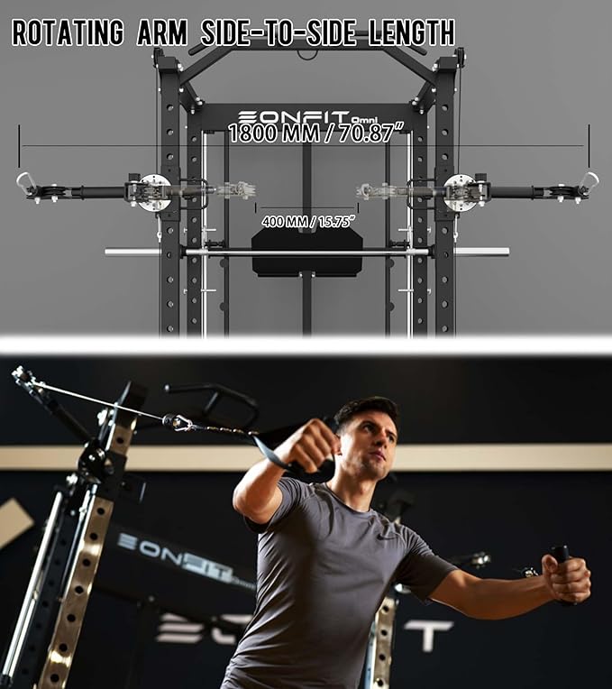 Eonfit E5 Smith Machine with Vertical Leg Press, Power Cage Squat Rack with LAT-Pull Down Cable Crossover Rotating Arms System Home Gym Equipment All in One