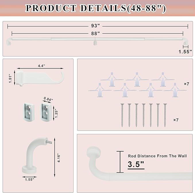 Matte White Curtain Rods for Windows 48-88",1 Inch Disc Wrap Around Curtain Rod with Aluminum Finials and Brackets,No Screw Disassembly Adjustable Blackout Curved Room Darkening Curtain Rod