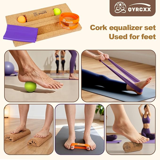 Cork 4-in-1 Balance Board Kit with Massage Roller & Ball, Toe Resistance Bands, Storage Bag & Exercise Guide - Plantar Fasciitis Recovery, Physical Therapy, Prevent Falls & Enhance Mobility