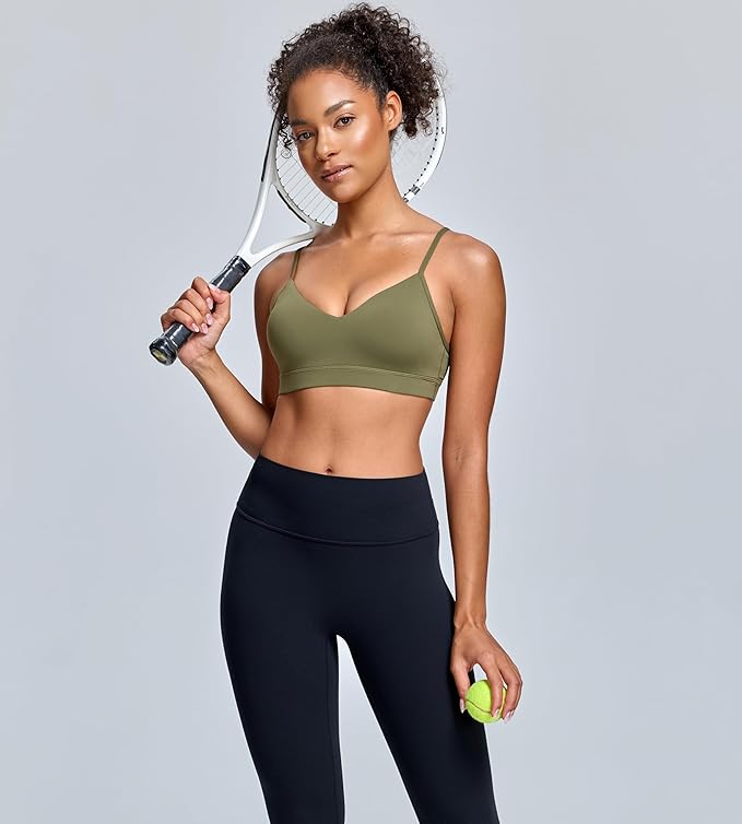 Oalka V Neck Sports Bra for Women Adjustable Padded Thin Straps Wireless Yoga Bras