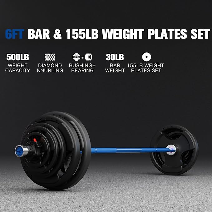 RitFit Barbell Weight Set - 4/6FT Olympic Barbell with Weight Plates (55-115LB Total) - Weightlifting Equipment for Squats, Curls, Deadlifts, Presses, Hip Thrusts