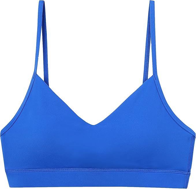 Oalka V Neck Sports Bra for Women Adjustable Padded Thin Straps Wireless Yoga Bras