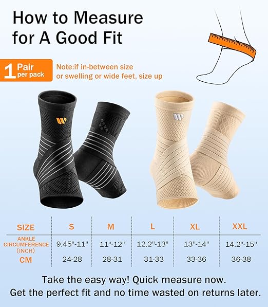 Low-Profile Ankle Braces for Women & Men, Customizable Ankle Compression Sleeve w/Wide Strap, Foot Support Wrap for Plantar Fasciitis Pain Relief, Achilles Tendonitis, Sprain, Black, 1 Pair, M