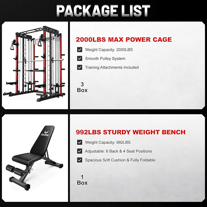 JELENS Smith Machine for Home Gym, Multi-Function M12 Power Cage with Cable Crossover System, Squat Rack with Smith Bar and More Attachment
