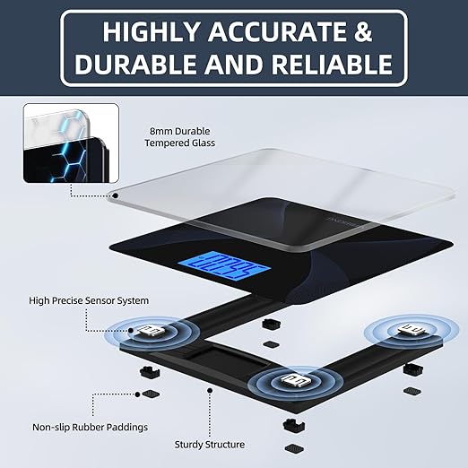 Scale for Body Weight 560lbs MPBEKING High Capacity Bathroom Scales Extra Large Platform Accurate Weighing Scale LCD Backlit Display with Tape Measure & 4 AAA Batteries (Black)