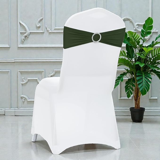VDS - Olive | Spandex Chair Sashes Bows | 125 PCS | Stretch Elastic Banquet Universal Folding Chair Band Tie with Silver Buckle Slider for Wedding Party Conference Celebration Event Decoration
