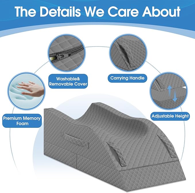 TranquilRelax Elevation Pillows for Leg After Surgery, Memory Foam Adjustable Wedge Pillow for Injury or Rest, Ankle Pillow for Sleeping Blood Circulation Full Grey/Single Leg