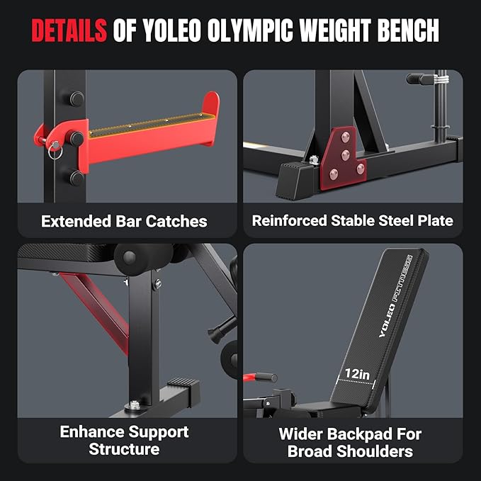 Yoleo Weight Bench with Rack - Bench Press Set, Leg Extension, Preacher Curl & Flat/Incline/Decline Full Body Workout Bench, Adjustable Olympic Weight Benches for Home Gym(47.44IN WIDE GRIP)