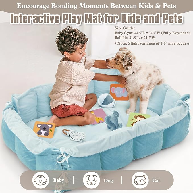 5-in-1 Plush Baby Play Gym, Baby Play Mats, Convertible Baby Gym, Tummy time mat, 6 Sensory Toys, Activity Center, Ball Pit, Blue