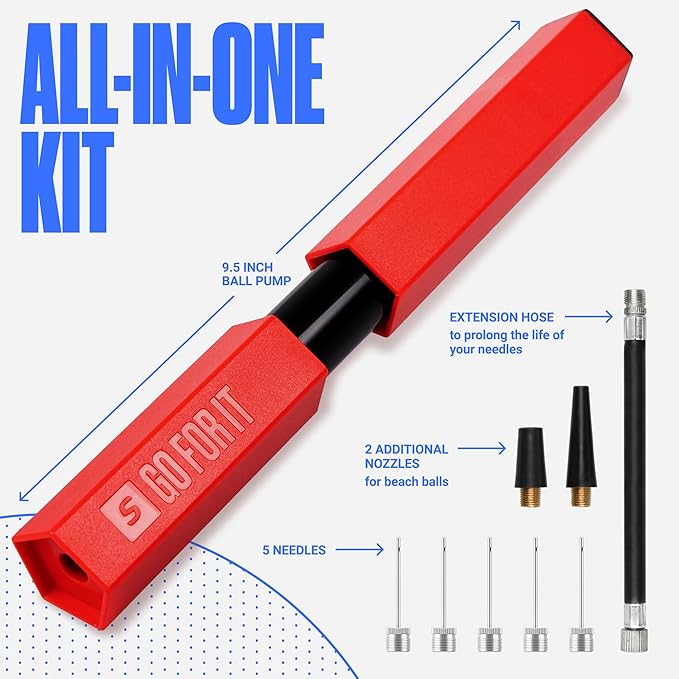 SPORTBIT Ball Pump for Sports Balls - Push & Pull Inflating System - Hand Pump for All Exercise Balls - Volleyball Pump, Basketball Inflator, Football & Soccer Ball Air Pump - Goes with 5 Needles Set