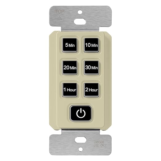 TOPGREENER 2-Hour No Neutral Wire Countdown Timer Switch, 5-10-20-30 Min 1-2 Hour Settings, for Fans and Lights, LED Indicator, 120VAC 60Hz, 1/2HP, 150W LED, UL Listed, TGT06-2H-JT-I, Ivory