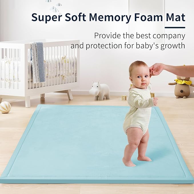 ACOMOPACK Baby Play Mat for Floor 1.3" Thick Memory Foam Play Mat 59"×71" Tummy Time Crawling with Non-slip Bottom for Living Room,Nursery,Soft Velvet Playpen Mats for Kids,Infants（Light Blue）