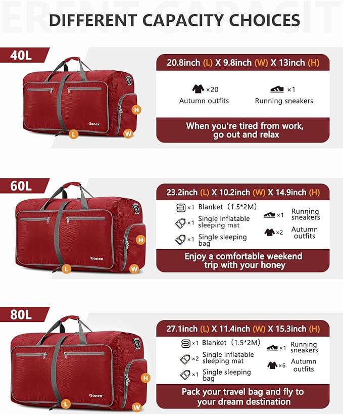 Gonex Large Foldable Travel Duffle Bag with Shoes Compartment, Packable Lightweight Water Repellent Duffel Bag for Camping Gym Weekender Bag