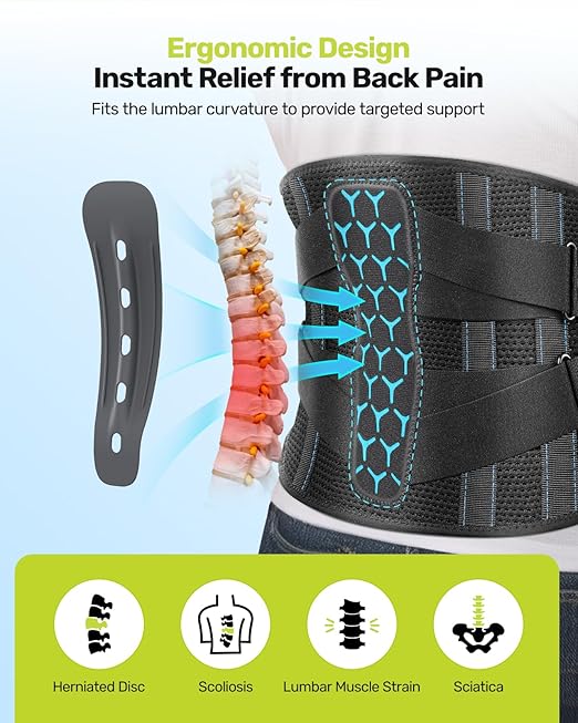 Rakiie Lumbar Back Brace with Removable Pad, Adjustable Lower Back Pain Relief Support for Men and Women, Comfortable Support Belt Ideal for Lower Back Pain, Sciatica, Scoliosis, Size XL (Waist: 45.3"-51.2")