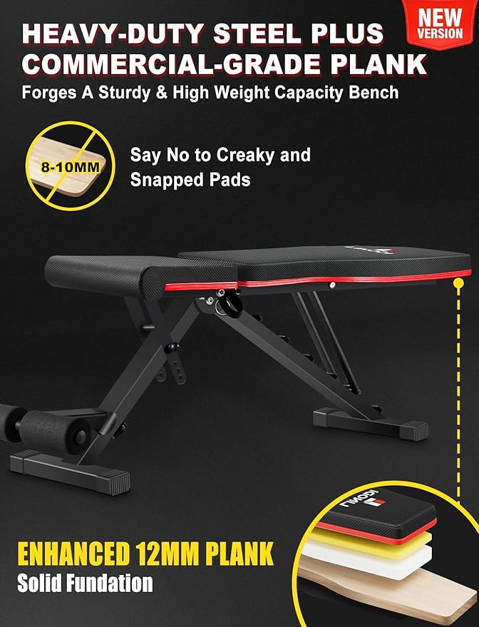 LINODI Adjustable Weight Bench for Home Gym，Foldable Incline Decline Flat Workout Bench for Full Body Strength Training, Dumbbell Press & Ab Exercises
