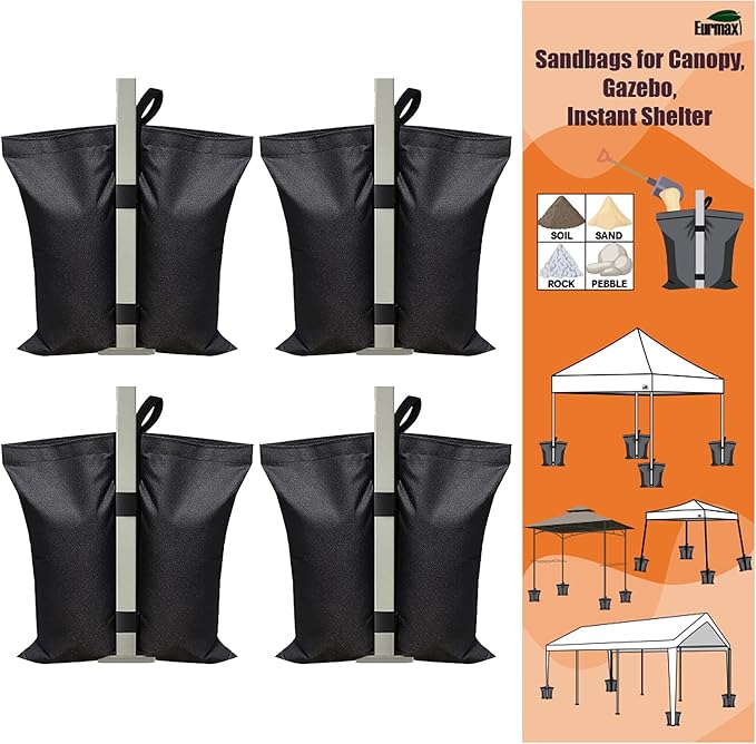 Eurmax USA 130LBS 4-Pack Universal Canopy Weights,Reinforced Double Pockets, Secure Wind Protection,Easy Wrap-Around Installation Heavy Duty Sandbags (Without Sand),Fits All Instant Shelter Legs,Black