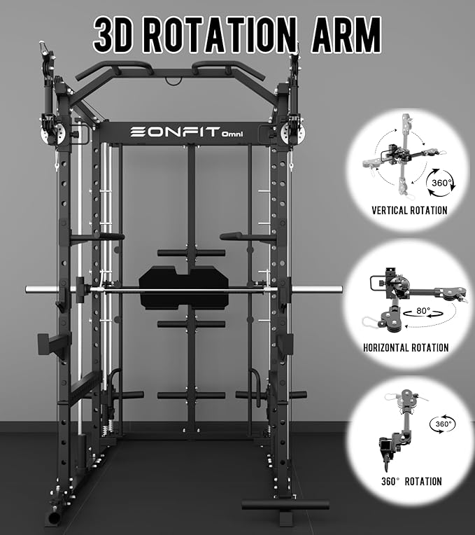 Eonfit E5 Smith Machine with Vertical Leg Press, Power Cage Squat Rack with LAT-Pull Down Cable Crossover Rotating Arms System Home Gym Equipment All in One