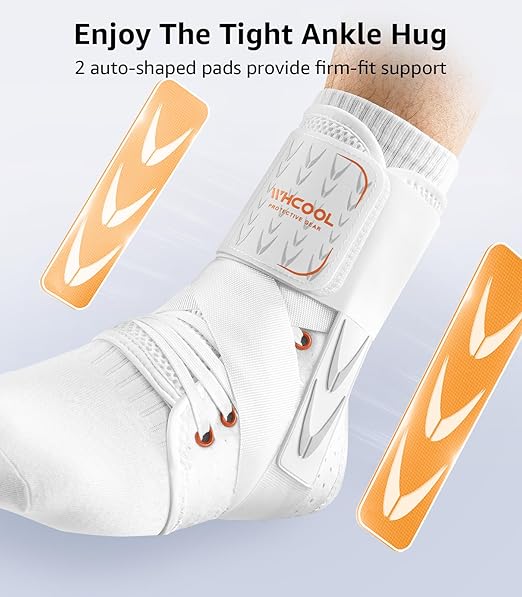 Slim-Fit Ankle Brace for Sprained Ankle, Quick Lace Up Ankle Support for Women Men with 2 Auto-Shaped Pads, Air Fabric Cool Ankle Stabilizer for Injury Recover, Running,Sports,White,S