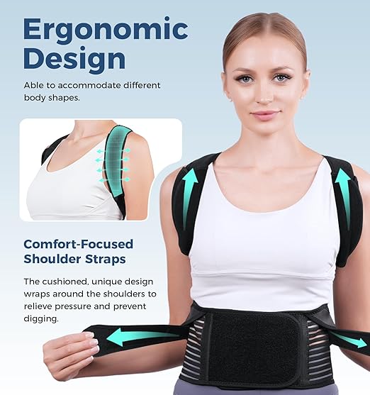 Posture Corrector for Women and Men, Full Back Brace Support with Adjustable Shoulder Straps, Shoulder and Back Straightener Posture Correction, Upper and Lower Back Pain Relief ( Black, Medium)