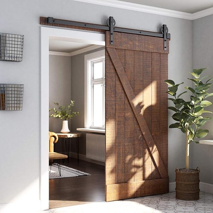 SMARTSTANDARD 6 Feet Heavy Duty Sliding Barn Door Hardware Kit, 4FT - 18FT, Black, Smoothly and Quietly, Simple and Easy to Install, Fit 36" Wide Panel (Industrial Bigwheel Hangers)