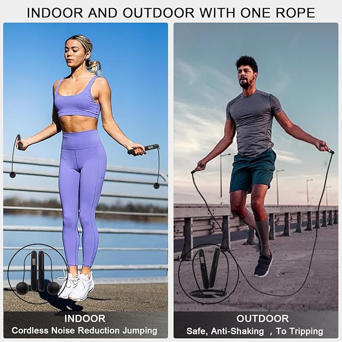 Jump Rope with Counter, 2-in-1 Weighted Corded & Cordless Skipping Rope with LCD Display, Adjustable Length Steel Ball Bearings for Calorie/Count Tracking - Smart Jump Rope for Adults Home Gym Fitness Workouts