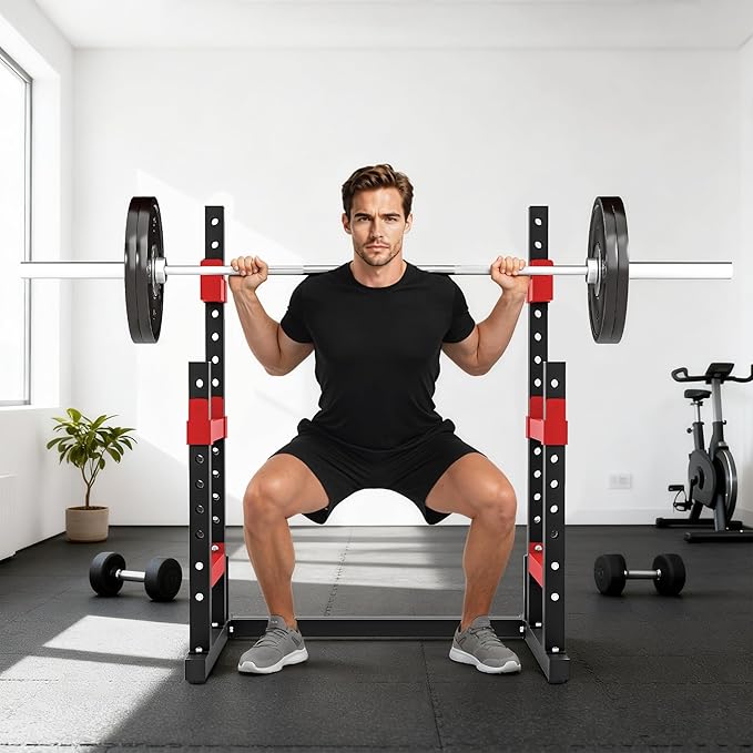 Soozier Adjustable Squat Rack, Multi-Functional Bench Press Rack, Heavy Duty Barbell Stand with Weight Plate Holders for Weight Lifting and Home Gym Strength Training, 660lbs Max Load