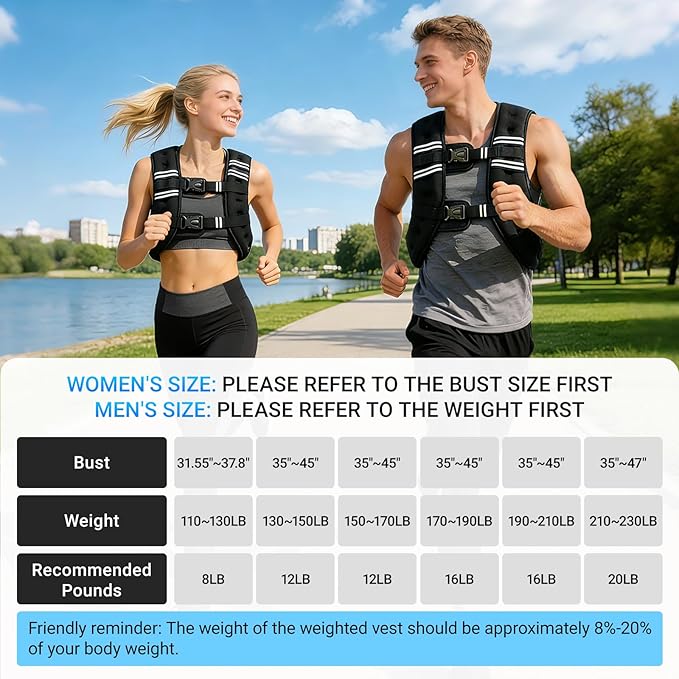Weighted Vest, 8lb/12lb/16lb/20lb Weight Vest with Reflective Stripe for Workout, Body Weight Vests for Women, Men, Strength Training, Running, Fitness, Weight Loss, Weightlifting