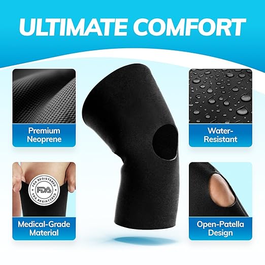 BraceAbility Open Patella/Open Back Neoprene Knee Sleeve | Water-Resistant Athletic Compression Knee Brace for Swimming, Wakeboarding, Scuba Diving, Surfing, Waterskiing and Other Sports (Small)