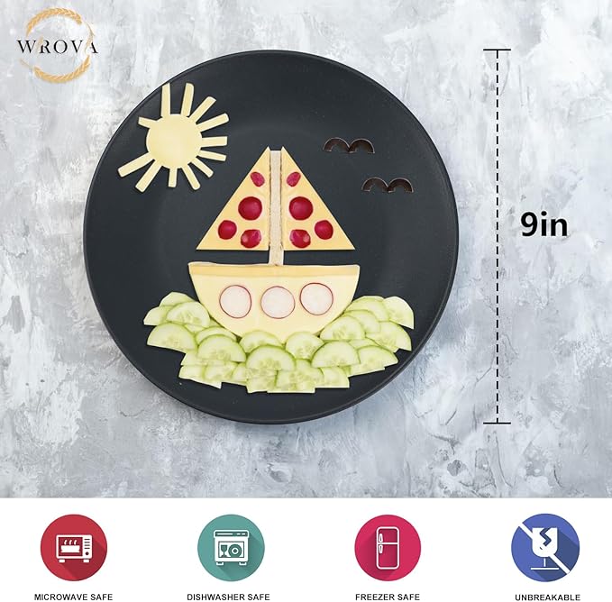 Wrova Wheat Straw Dinner Plates 9 Inch Unbreakable Set of 8 - Dishwasher & Microwave Safe Plastic Plates Reusable - Lightweight Plates for Kitchen,Camping,Apartment,Dorm,RV,Party - Black to Grey