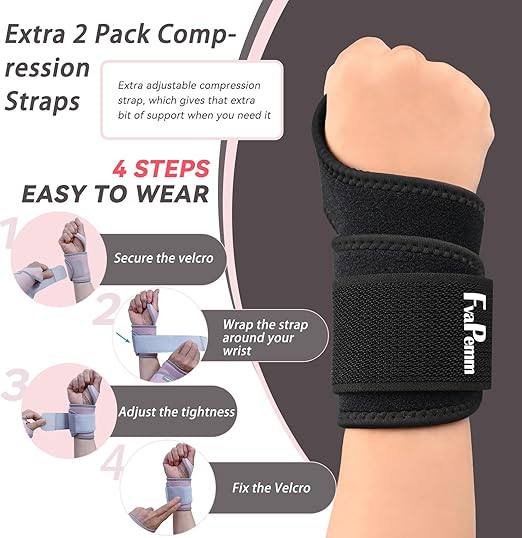 Wrist Brace for Carpal Tunnel 2 Pack Right Left Hand, Wrist Support Wraps for Women Men, Adjustable Wrist Brace for Day Night Support, Tendonitis, Arthritis, Weightlifting, Sports, Grey&Black