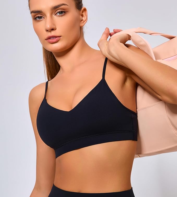 Oalka V Neck Sports Bra for Women Adjustable Padded Thin Straps Wireless Yoga Bras