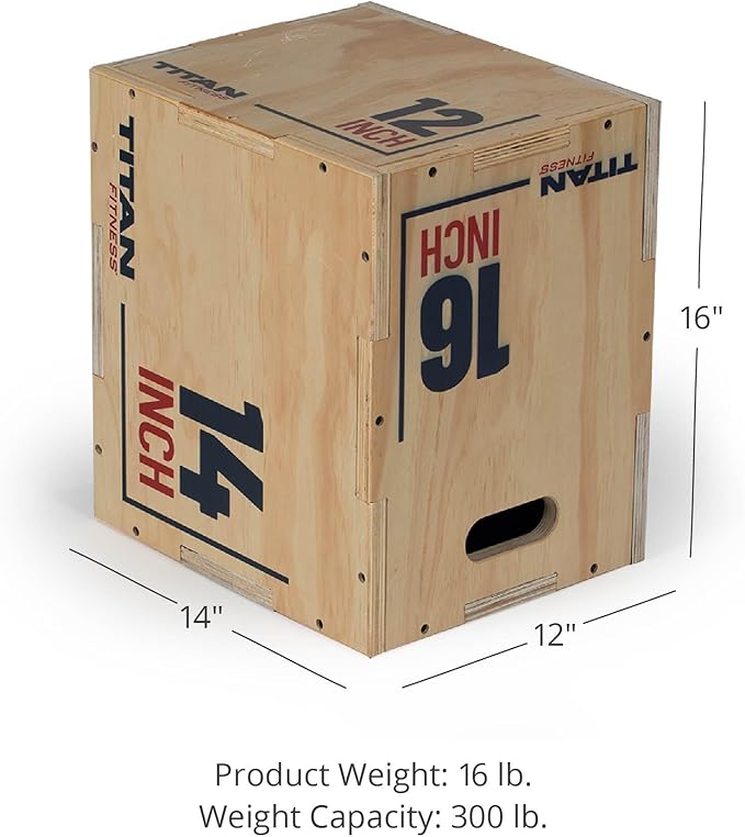 Titan Fitness Wooden Youth Wooden Plyometric Box, 12in 14in 16in, Pro-Duty Wooden Plyo Box, Step-Up Box Squat, Home Garage Gym Training