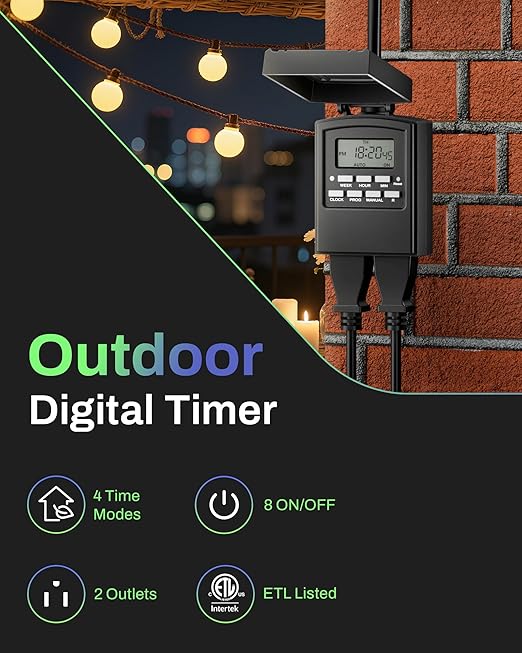 BN-LINK 7 Day Outdoor Heavy Duty Digital Programmable Timer, Outdoor Timer Outlet Waterproof, 2 Grounded Electrical Outlets for Christmas Lights, 15A 1/2HP,ETL Listed（2 Pack）