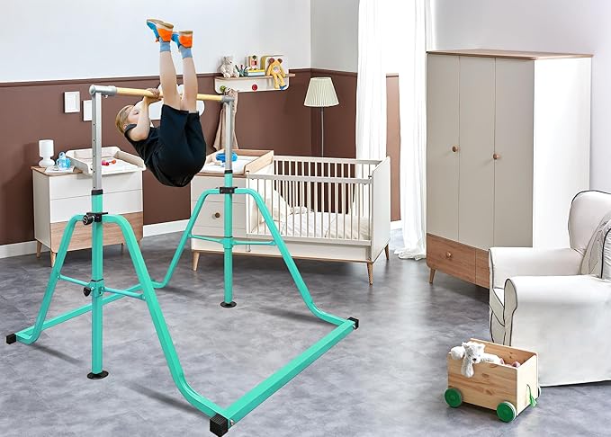 Foldable & Moveable Gymnastics Horizontal Bar with Rings,3’to 5’Adjustable Height Expandable Junior Kip Bar for Home,Indoor Gym Equipment for Kids